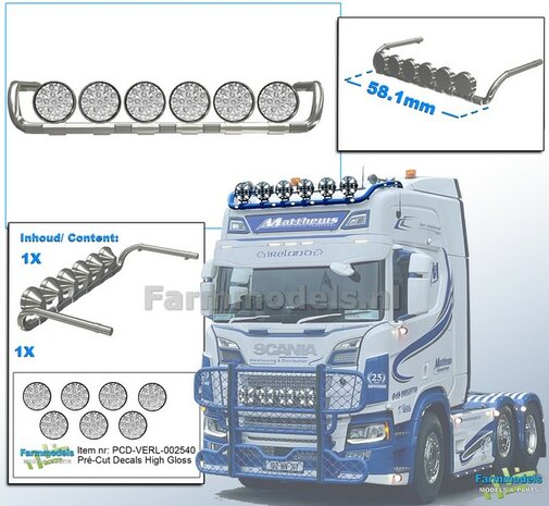 Lamp bracket Scania with 6 lamps Resin CHROME Sprayed supplied incl. 7x Spotlight Pré-Cut Decals with HIGH GLOSS effect 1:32 468662