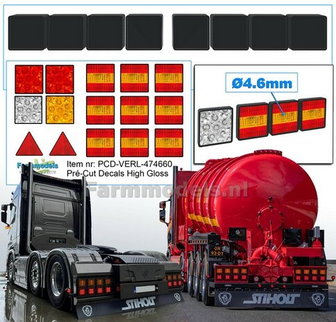 8x TAIL LIGHTS with BLACK HOUSING 4.6 x 4.6mm + 9x HAMBURGER + 4x Other Tail Lights + 2x Triangular Reflectors, all with HIGH GLOSS 1:32 474660
