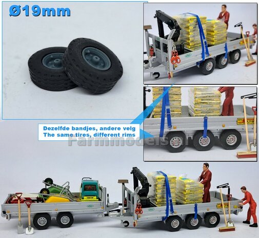 Ø 19 x 6 mm: 2x Trailer tires RESIN GREY rim with fine road tread 1:32 719001