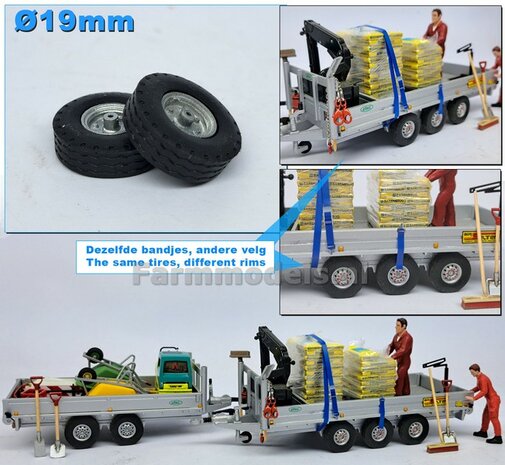 Ø 19 x 6 mm: 2x Trailer tires with road tread RESIN rims ALUMINUM METAL Supplied painted 1:32  719002